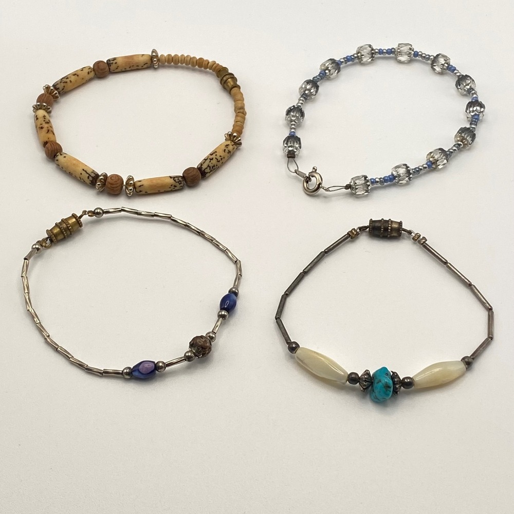 Vintage Bracelet Lot Of 4 Mixed Metal Glass Wood Turquoise Stone Boho Small Size